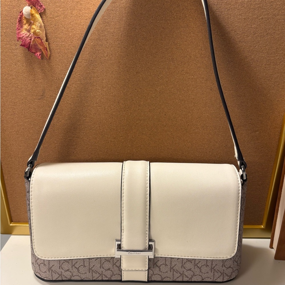 Calvin Klein Cream and Brown Shoulder Bag
